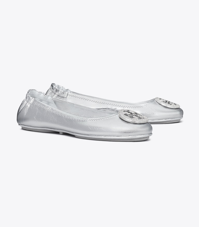 Tory Burch designer flats Minnie Travel Ballet in SILVER / SILVER angle