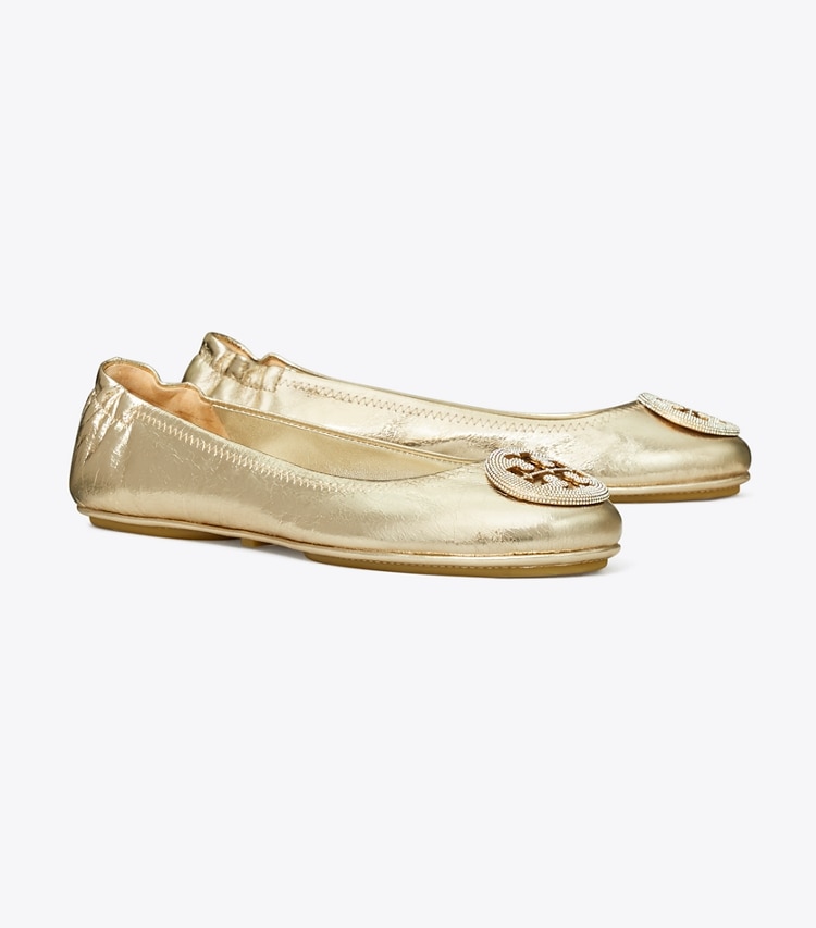 Tory Burch designer flats Minnie Travel Ballet in SPARK GOLD / SPARK GOLD angle