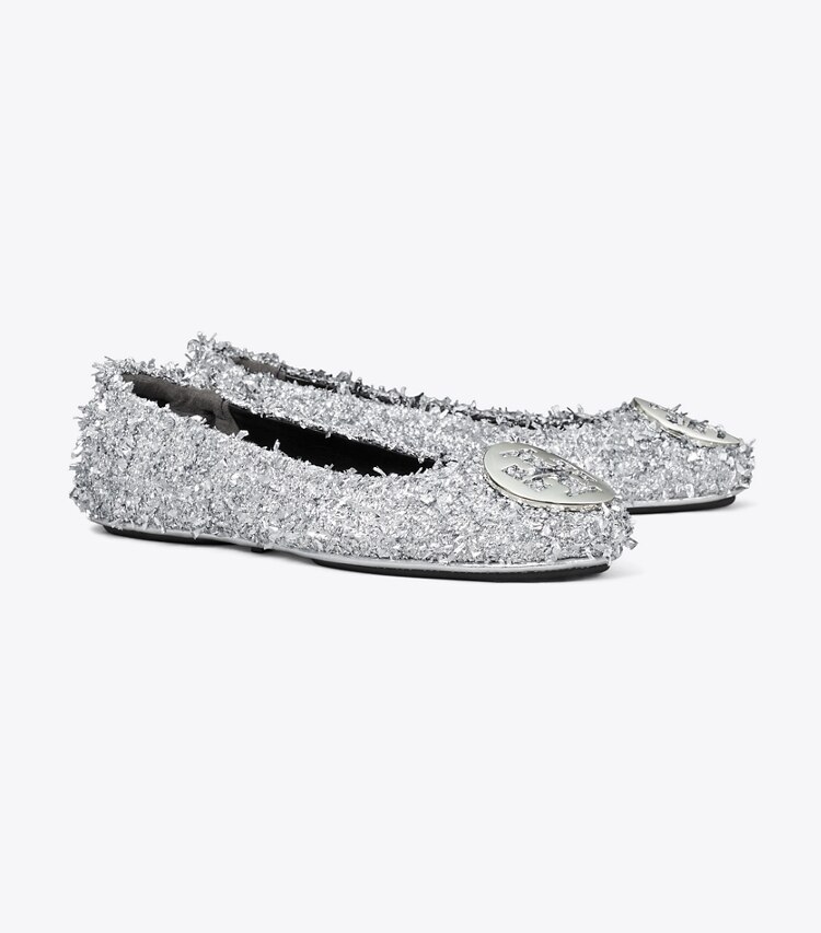 Tory Burch designer flats Minnie Travel Ballet in SILVER / SILVER angle
