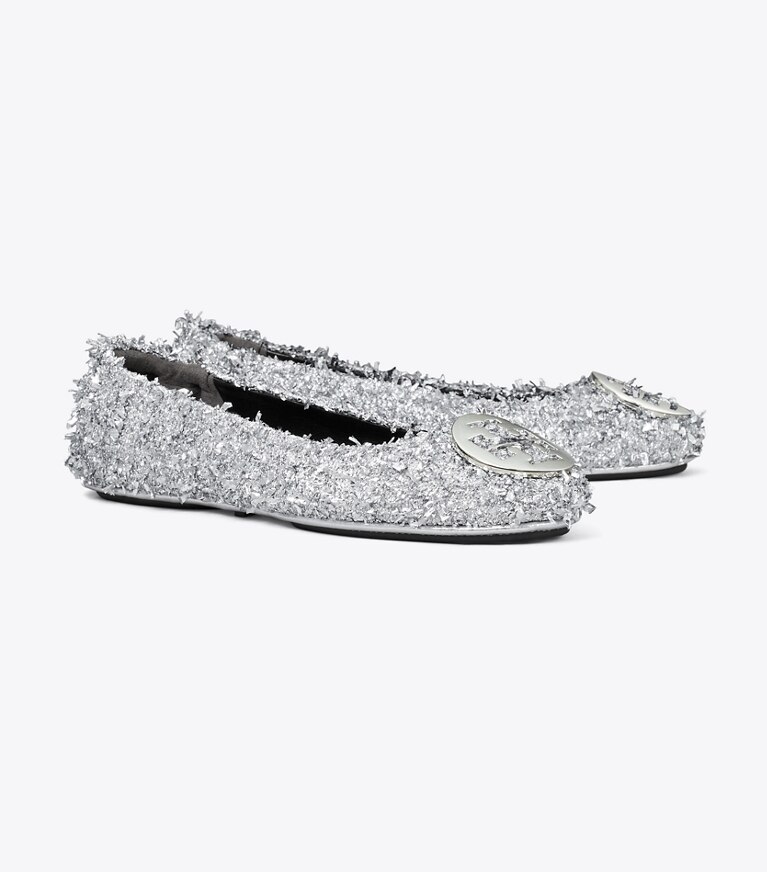Tory Burch designer flats Minnie Travel Ballet in SILVER / SILVER angle