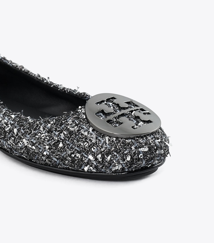 Tory Burch designer flats Minnie Travel Ballet in SILVER CONFETTI / GUNMETAL detail
