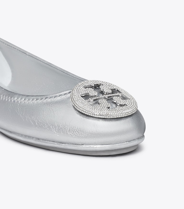 Tory Burch designer flats Minnie Travel Ballet in SILVER / SILVER angle