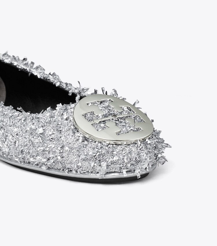 Tory Burch designer flats Minnie Travel Ballet in SILVER / SILVER detail