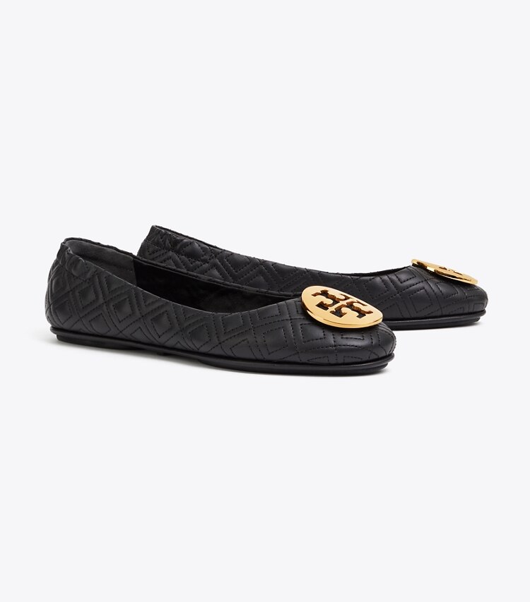 Tory Burch designer flats Minnie Travel Ballet Flat, Quilted Leather in Perfect Black/Gold angle