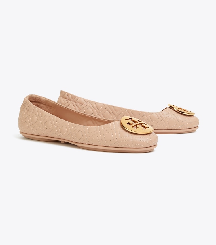 Tory Burch designer flats Minnie Travel Ballet Flat, Quilted Leather in Goan Sand/Gold angle
