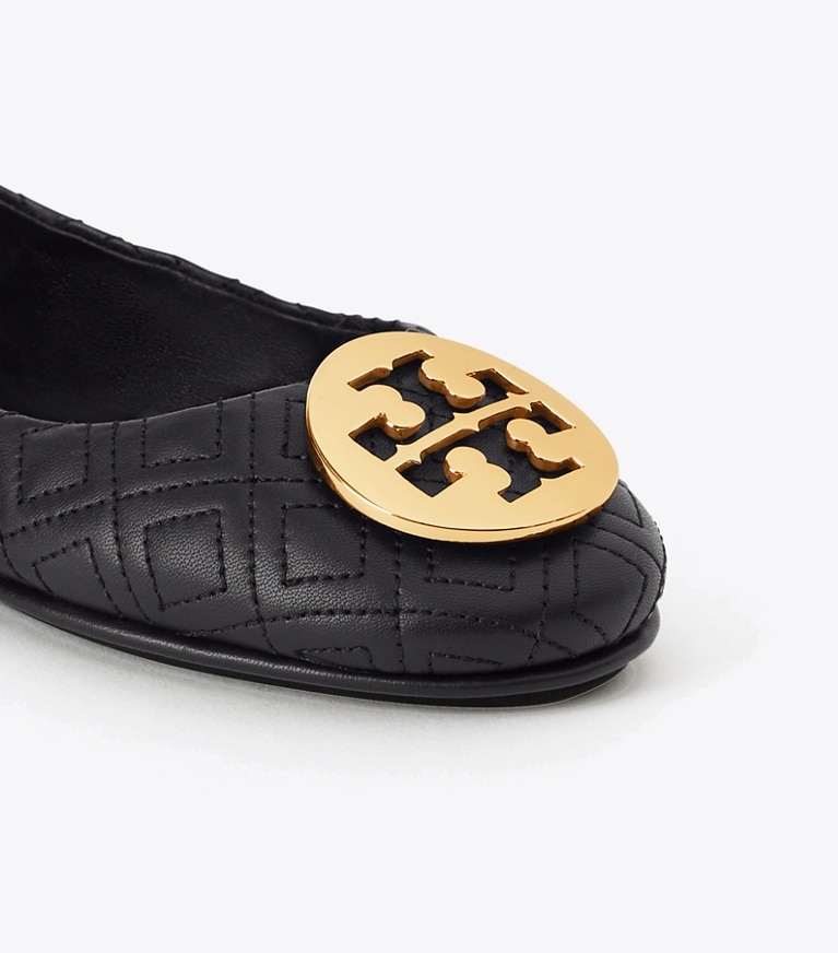 Tory Burch designer flats Minnie Travel Ballet Flat, Quilted Leather in Perfect Black/Gold angle