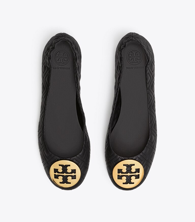 Tory Burch designer flats Minnie Travel Ballet Flat, Quilted Leather in Perfect Black/Gold angle