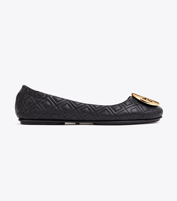 Tory Burch designer flats Minnie Travel Ballet Flat, Quilted Leather in Perfect Black/Gold side
