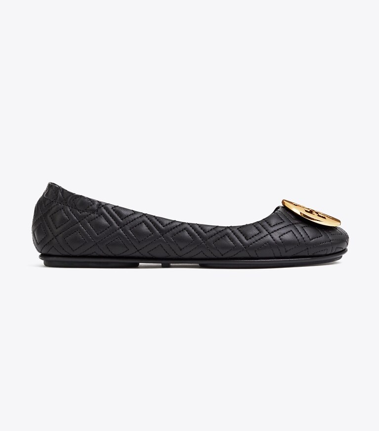 Tory Burch designer flats Minnie Travel Ballet Flat, Quilted Leather in Perfect Black/Gold angle