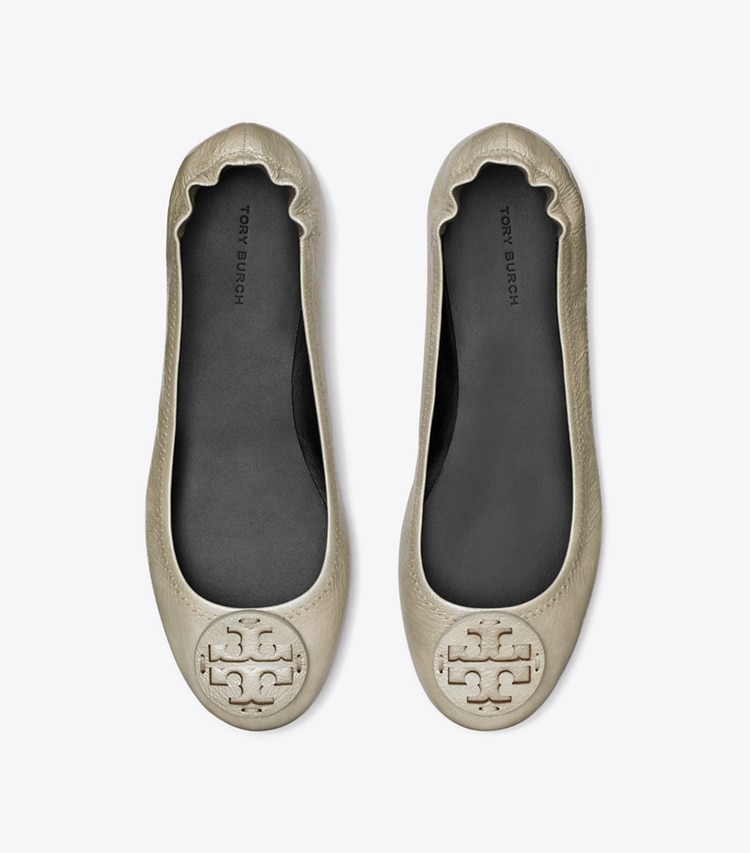 Tory Burch designer flats Minnie Travel Ballet in SHINY STONE GRAY overhead