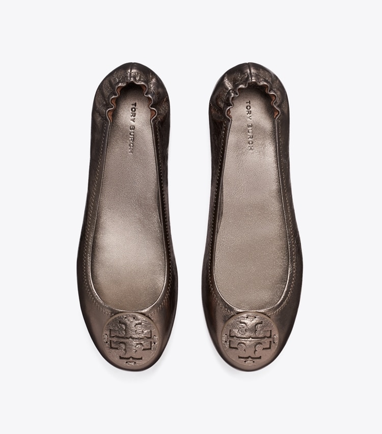 Tory Burch designer flats Minnie Travel Ballet in SPRING PEWTER overhead