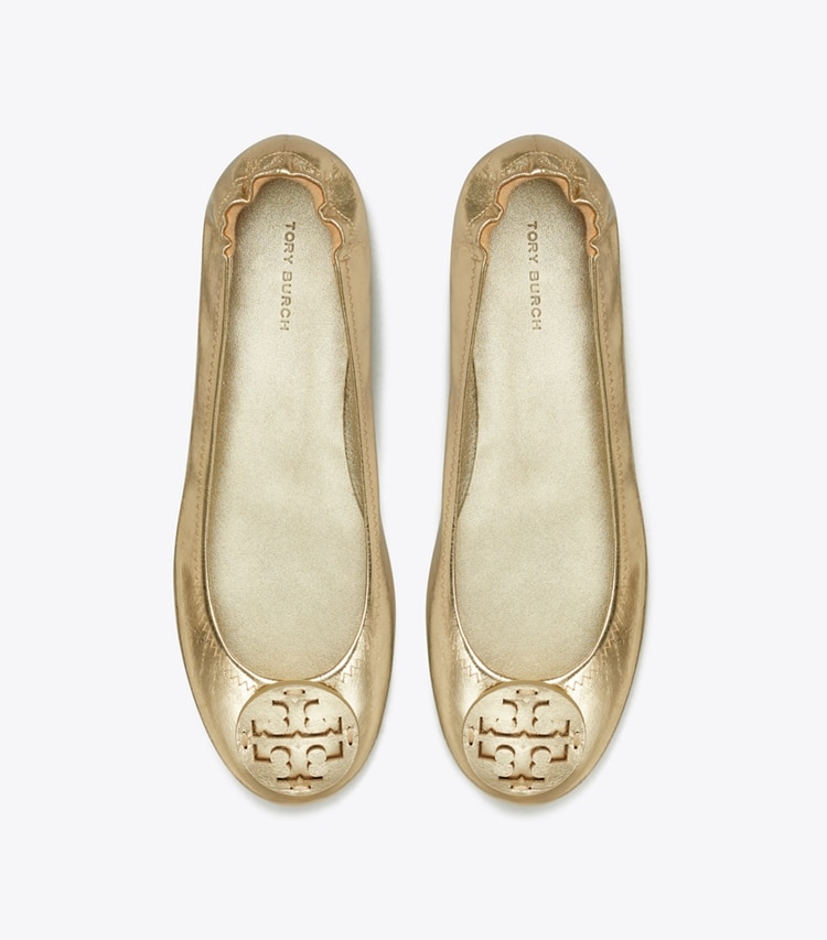 Tory Burch designer flats Minnie Travel Ballet in SPARK GOLD overhead