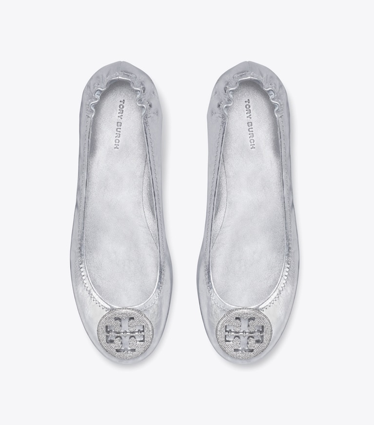 Tory Burch designer flats Minnie Travel Ballet in SILVER / SILVER angle