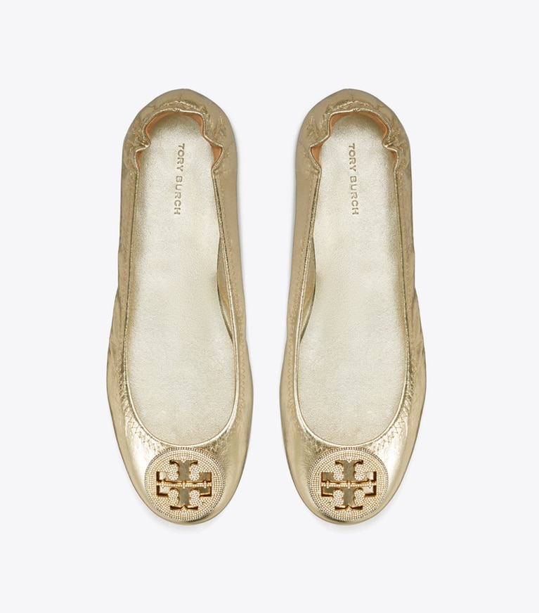 TORY BURCH WOMEN'S MINNIE US 8M TAN store SNAKESKIN LOGO SLIP ON BALLET FLATS