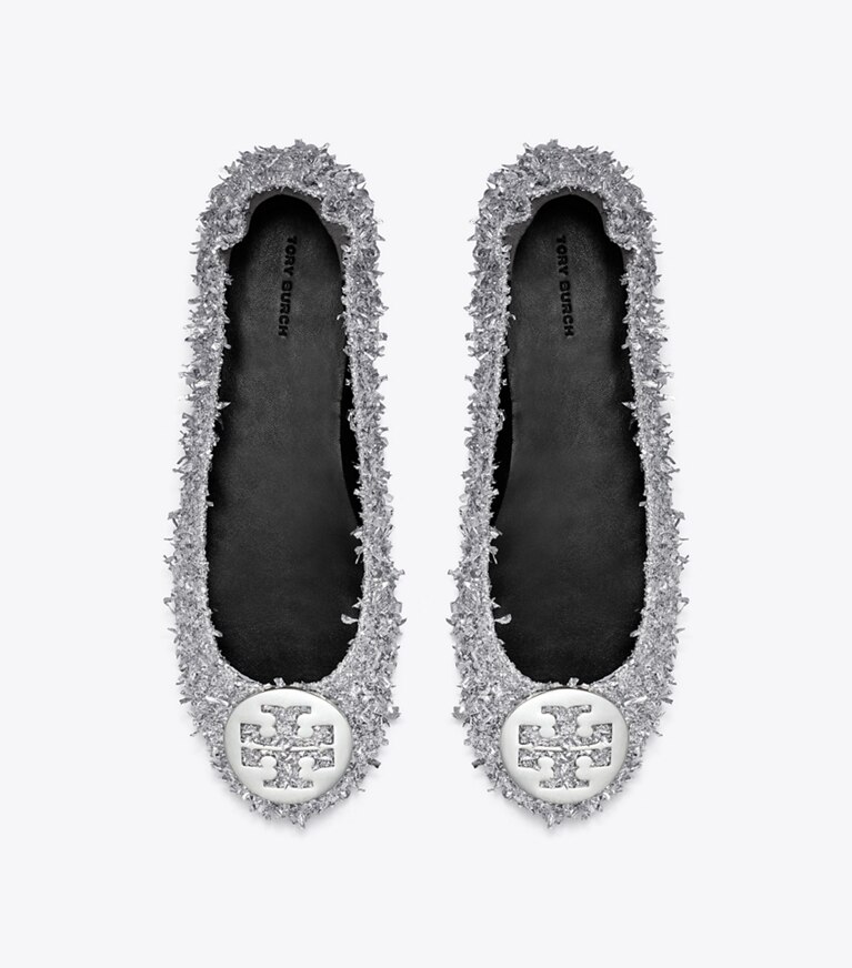 Tory Burch designer flats Minnie Travel Ballet in SILVER / SILVER angle