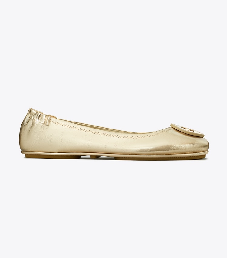 Tory Burch designer flats Minnie Travel Ballet in SPARK GOLD side