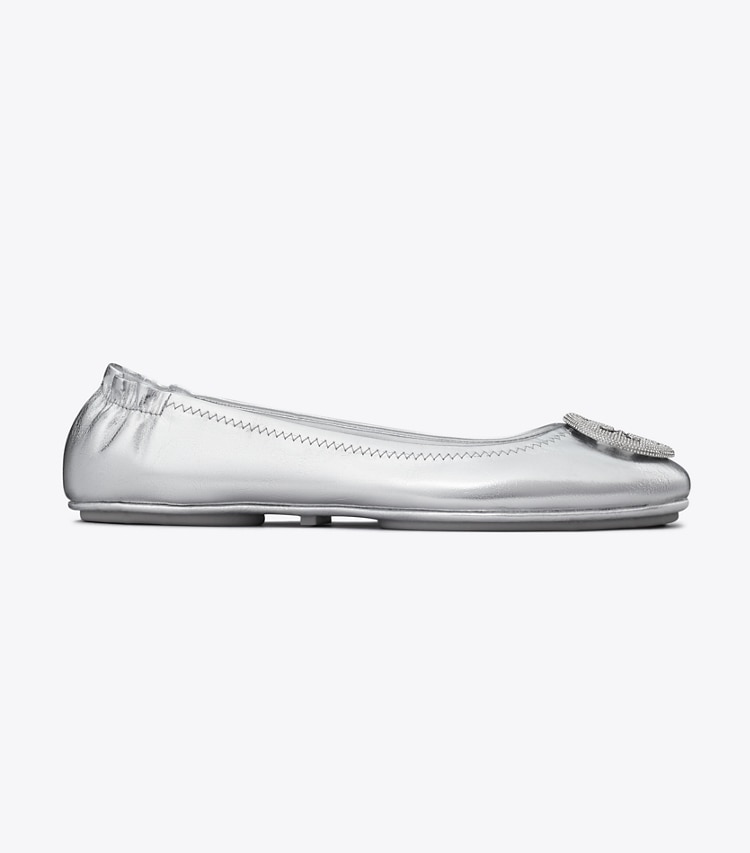 Tory Burch designer flats Minnie Travel Ballet in SILVER / SILVER side