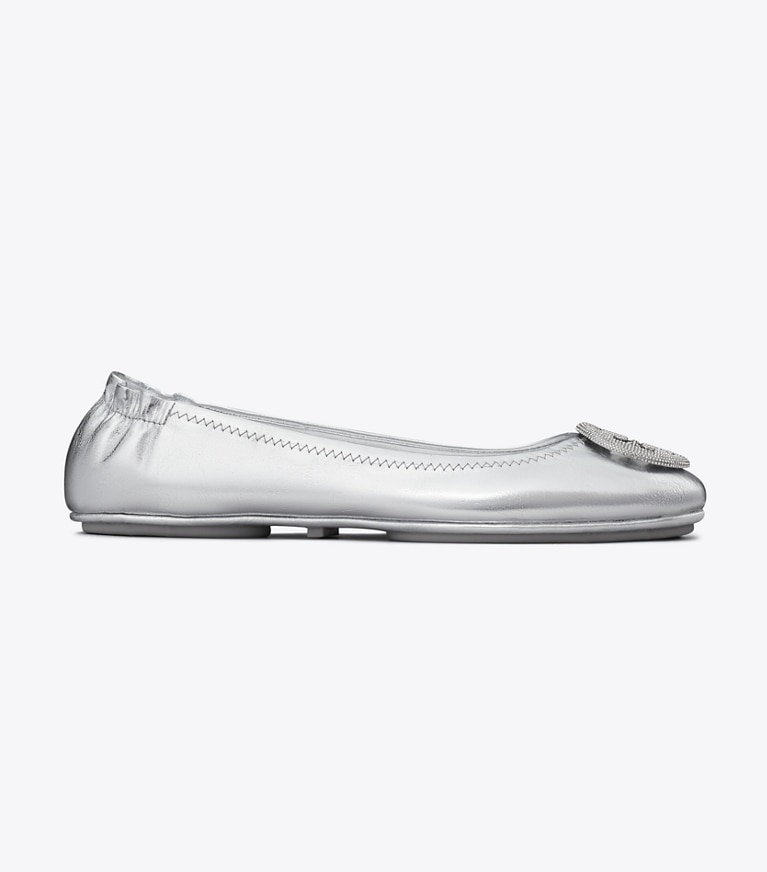 Tory Burch designer flats Minnie Travel Ballet in SILVER / SILVER angle
