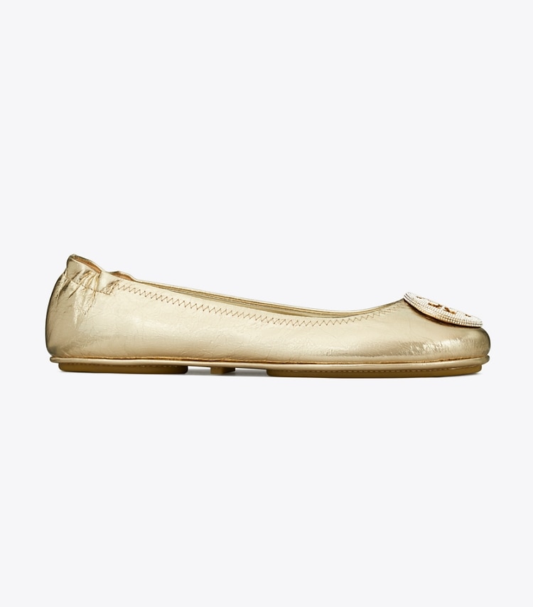 Tory Burch designer flats Minnie Travel Ballet in SPARK GOLD / SPARK GOLD side