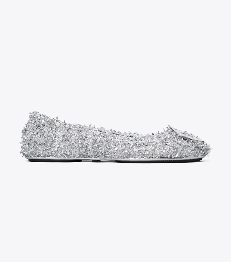 Tory Burch designer flats Minnie Travel Ballet in SILVER / SILVER angle