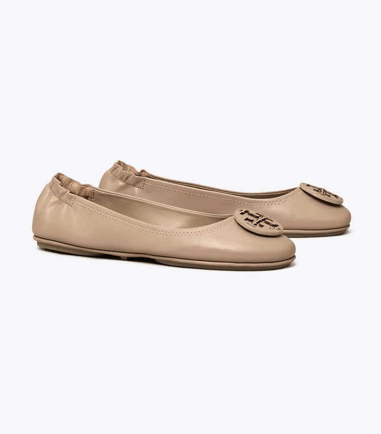 Tory Burch designer flats Minnie Travel Ballet with Leather Logo in Gray Heron / Gray Heron angle