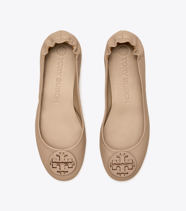 Tory Burch designer flats Minnie Travel Ballet with Leather Logo in Gray Heron / Gray Heron overhead