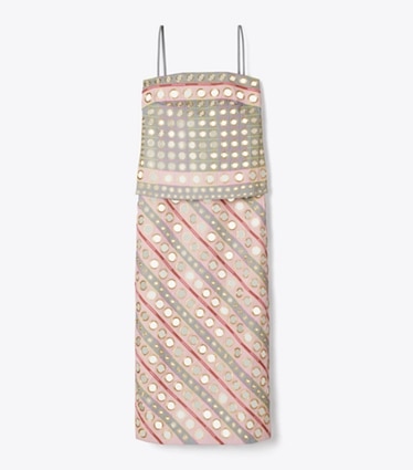Tory Burch designer dresses Mirror Embellished Cotton Dress in Pink / Gray front
