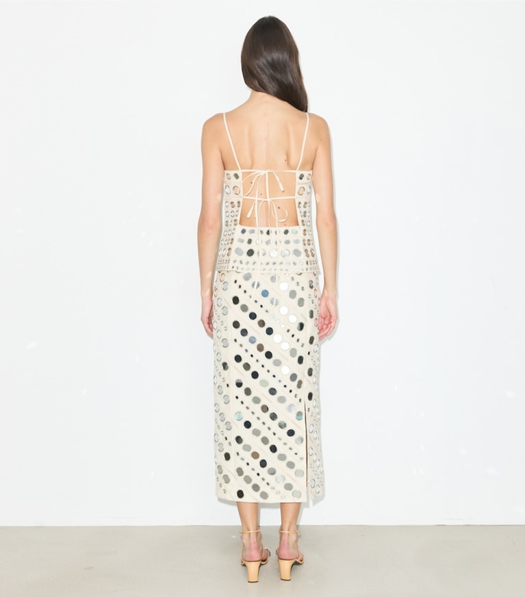 Tory Burch designer dresses Mirror Embellished Cotton Dress in New Ivory on model back