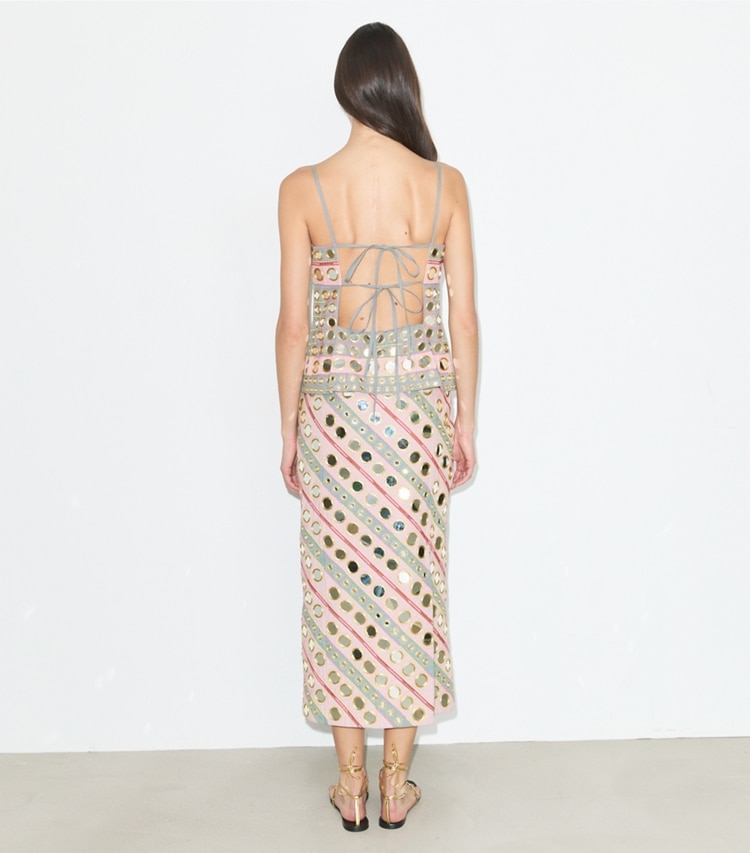 Tory Burch designer dresses Mirror Embellished Cotton Dress in Pink / Gray on model back