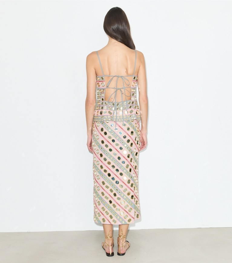 Tory Burch designer dresses Mirror Embellished Cotton Dress in Pink / Gray on model back