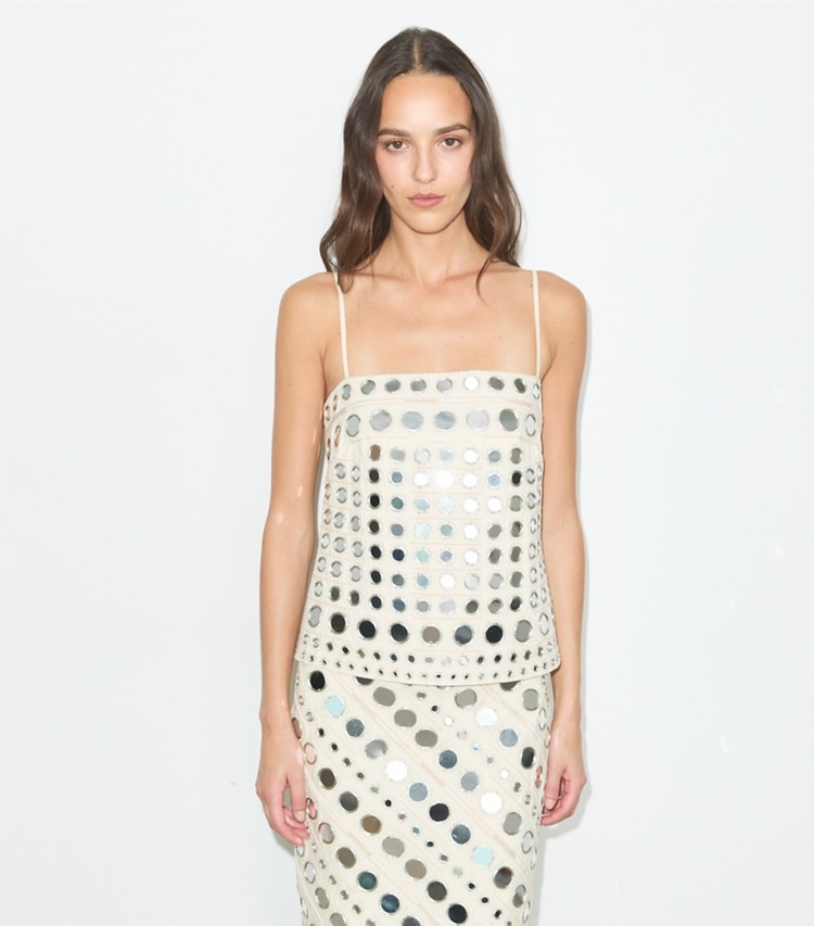 Tory Burch designer dresses Mirror Embellished Cotton Dress in New Ivory on model detail