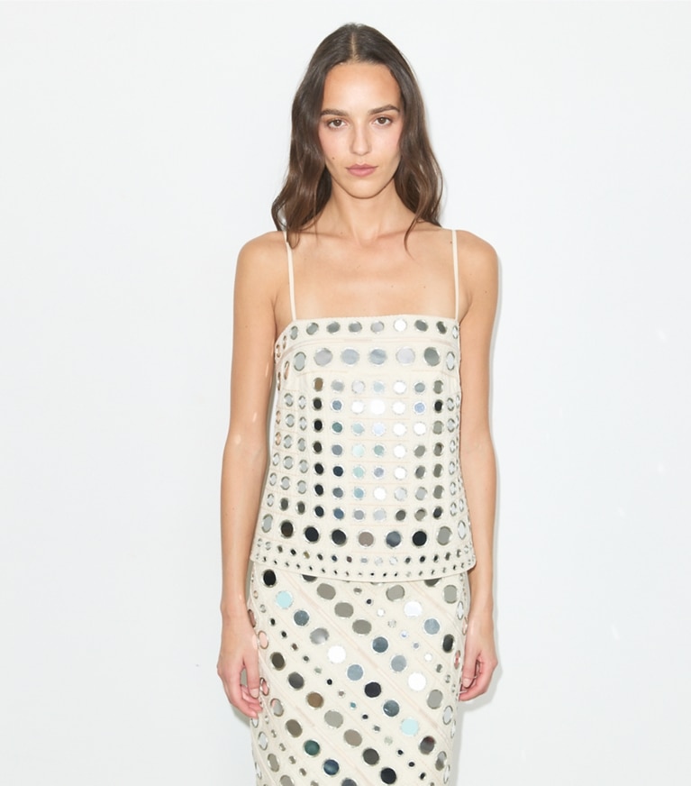 Tory Burch designer dresses Mirror Embellished Cotton Dress in New Ivory on model detail