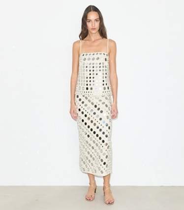 Tory Burch designer dresses Mirror Embellished Cotton Dress in New Ivory on model front