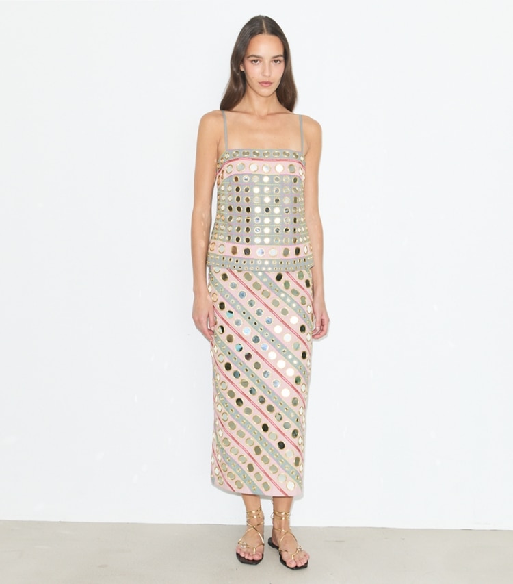 Tory Burch designer dresses Mirror Embellished Cotton Dress in Pink / Gray on model front