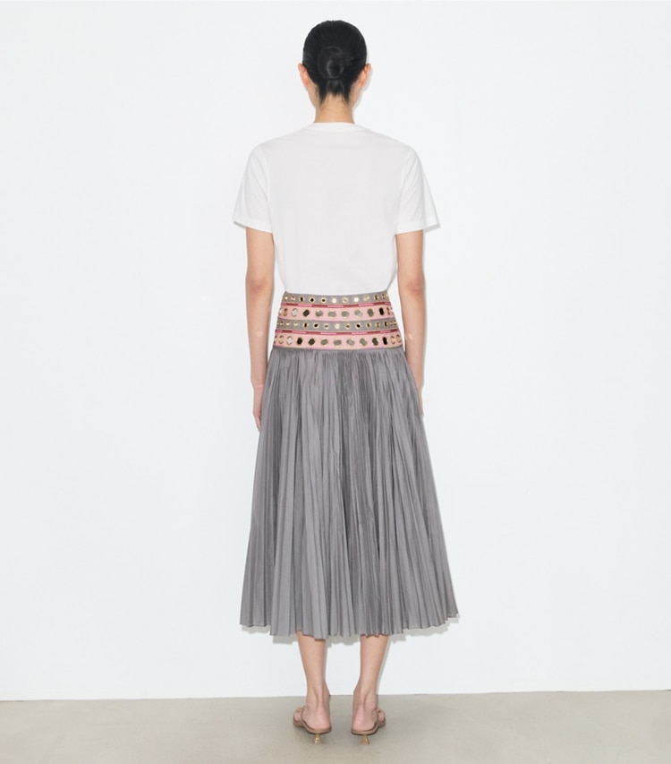Tory Burch designer bottoms Mirror Embellished Cotton Skirt in Gray / Pink on model back