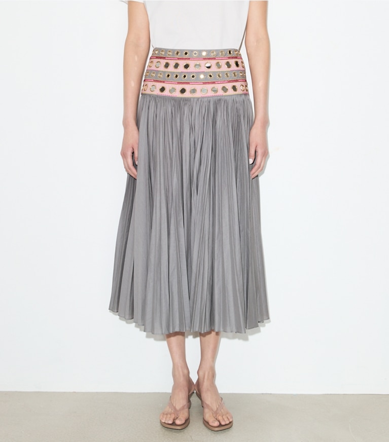 Tory Burch designer bottoms Mirror Embellished Cotton Skirt in Gray / Pink on model detail