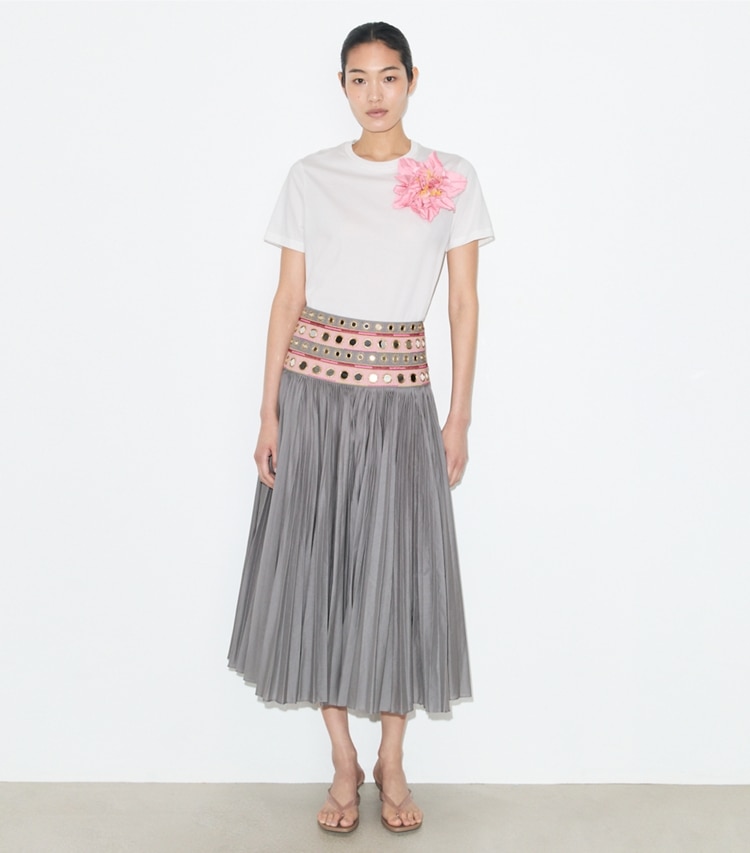 Tory Burch designer bottoms Mirror Embellished Cotton Skirt in Gray / Pink on model front
