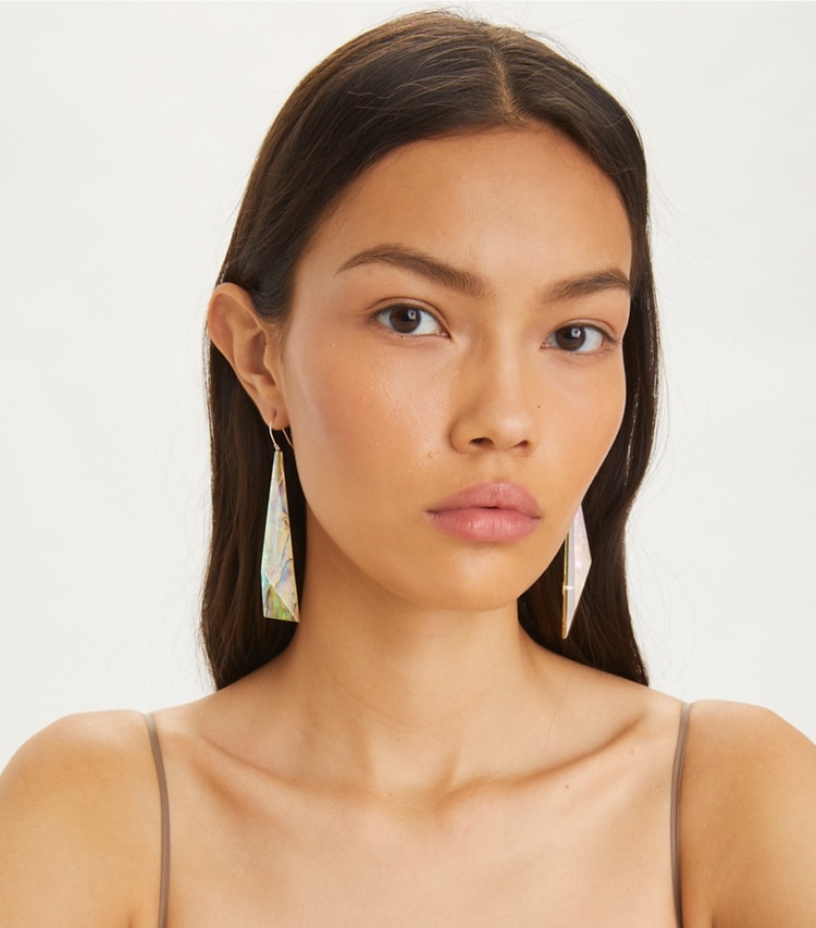 Tory Burch designer earrings Mismatched Abalone Earring in Light Silver / Abalone accessory on model