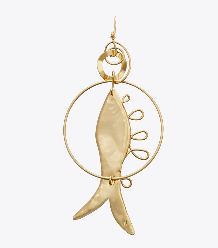 Tory Burch designer earrings Mismatched Fish Earring in Rolled Light Brass detail