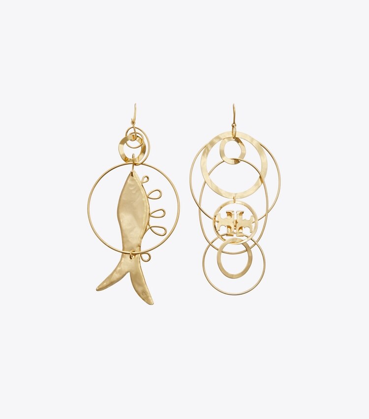 Tory Burch designer earrings Mismatched Fish Earring in Rolled Light Brass front