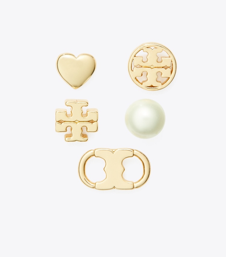 Tory Burch designer earrings Mismatched Stud Set in Tory Gold / Crystal / Pearl front