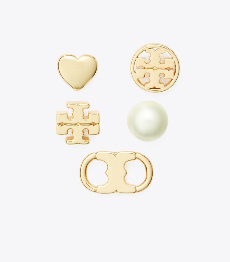 Tory Burch designer earrings Mismatched Stud Set in Tory Gold / Crystal / Pearl front