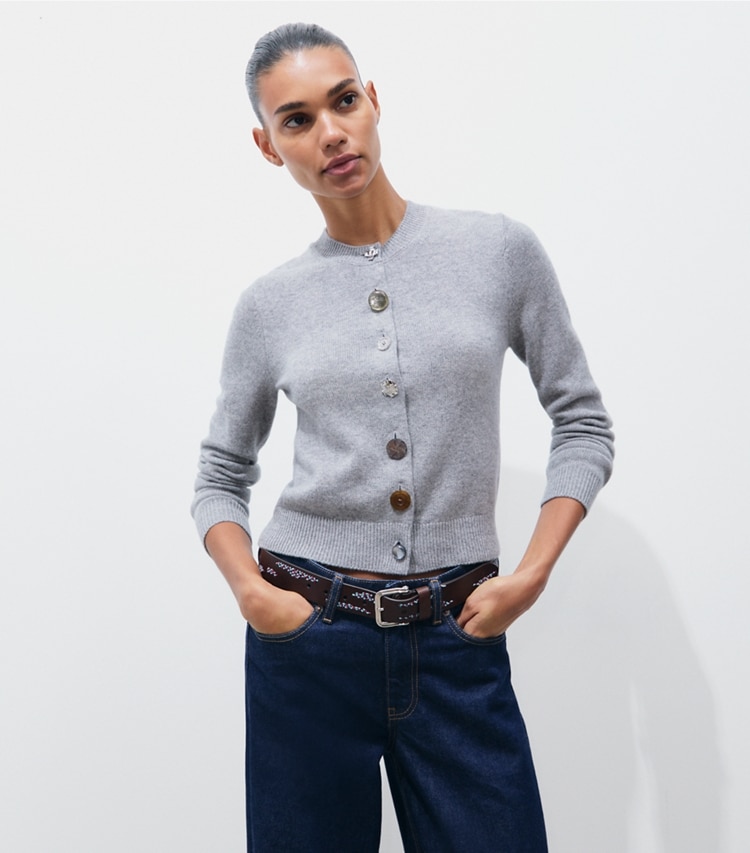 Tory Burch designer sweaters Mixed Button Cashmere Cardigan in Smoky Gray Melange on model detail