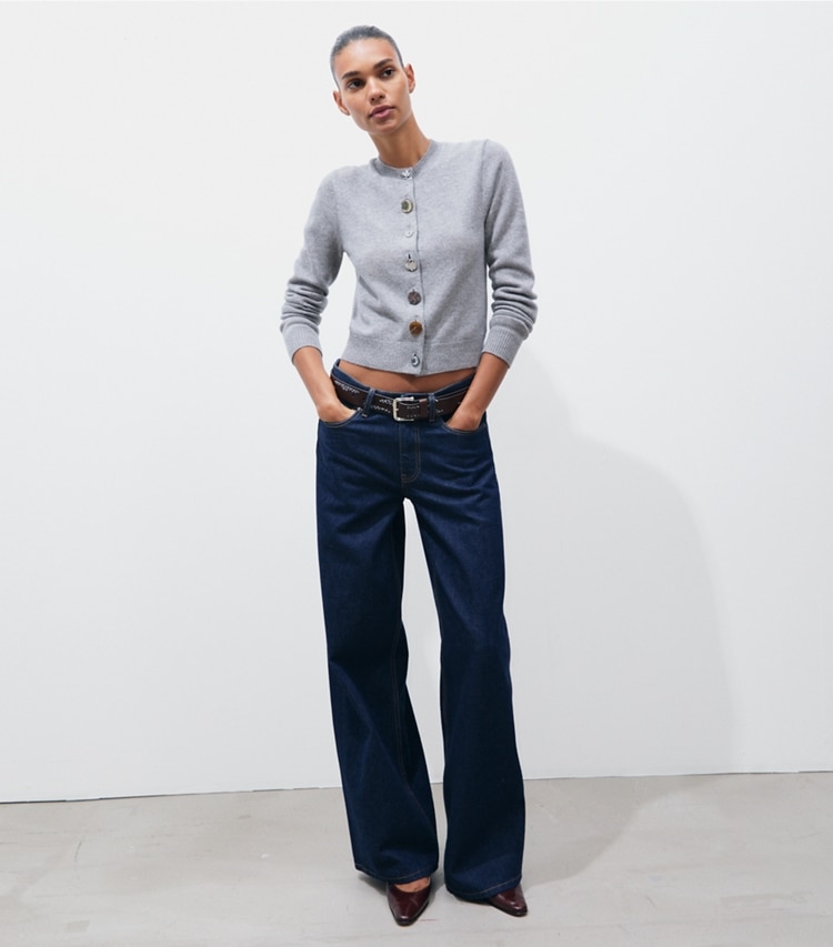Tory Burch designer sweaters Mixed Button Cashmere Cardigan in Smoky Gray Melange on model front