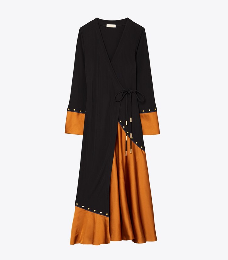Tory Burch designer dresses Mixed-Material Wrap Dress in Dark Amber front