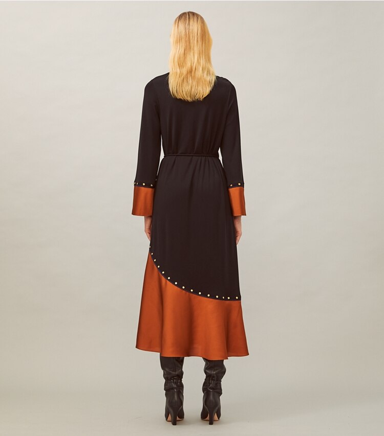 Tory Burch designer dresses Mixed-Material Wrap Dress in Dark Amber on model back