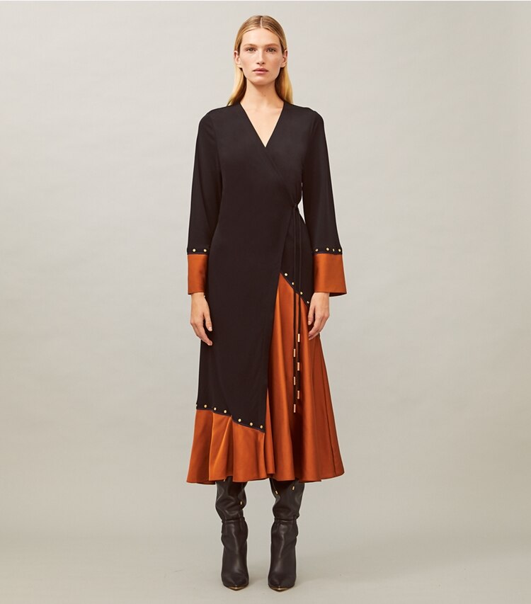 Tory Burch designer dresses Mixed-Material Wrap Dress in Dark Amber on model front