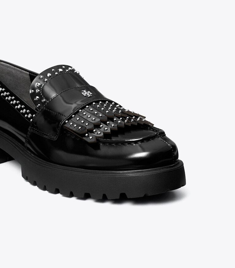 Tory Burch diseñador zapatos planos Mocasín clásico con flecos y lengüeta en PERFECT BLACK detalle