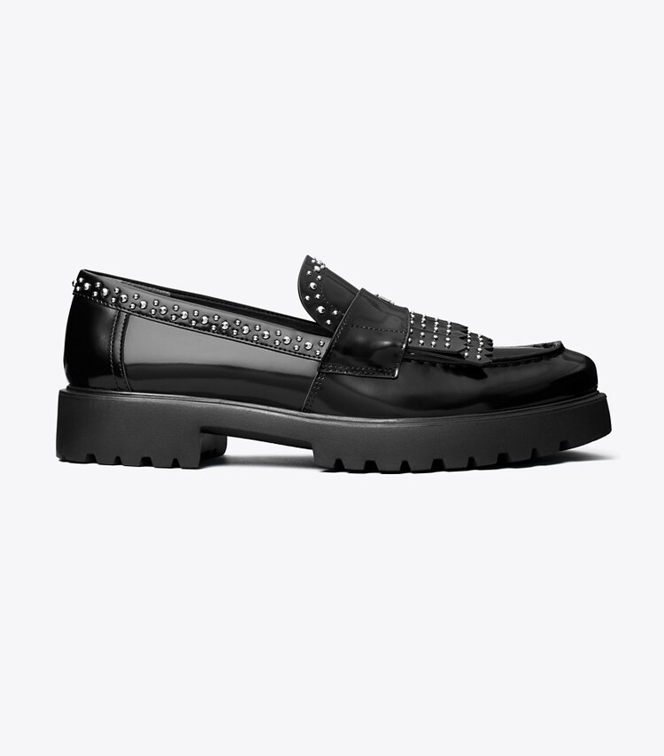 Tory Burch diseñador zapatos planos Mocasín clásico con flecos y lengüeta en PERFECT BLACK lateral