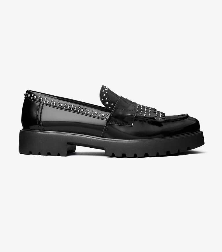 Tory Burch diseñador zapatos planos Mocasín clásico con flecos y lengüeta en PERFECT BLACK lateral